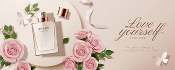 顶视浪漫香水广告与纸玫瑰花素材