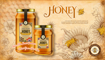 顶视复古蜂蜜广告与线条风花朵