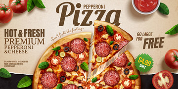 义大利腊肠披萨广告与牛皮纸背景