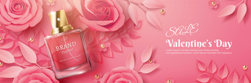 顶视情人节香水广告与纸玫瑰横幅