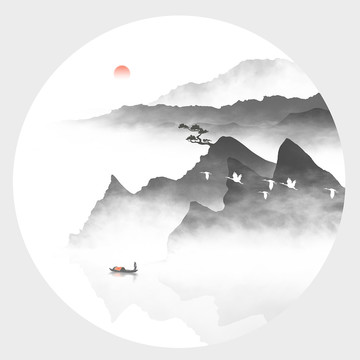 圓形山水墨畫