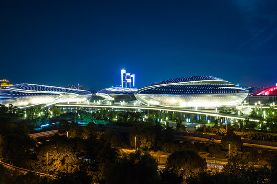 航拍南京江苏大剧院夜景