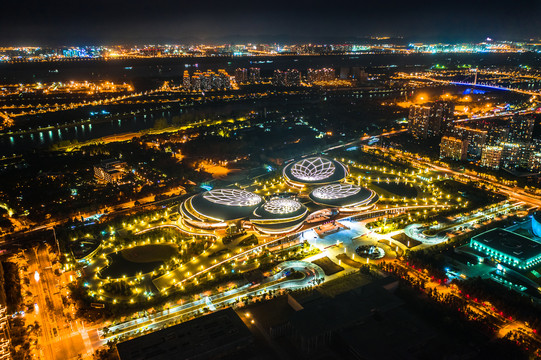 航拍南京江苏大剧院夜景