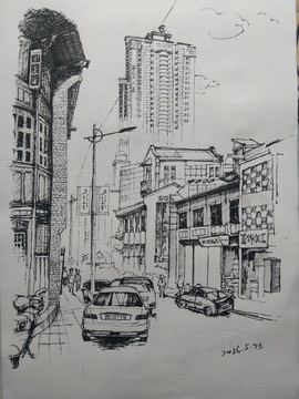 钢笔手绘建筑街景