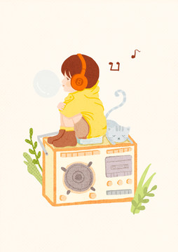 卡通手绘坐在收音机上听音乐的女