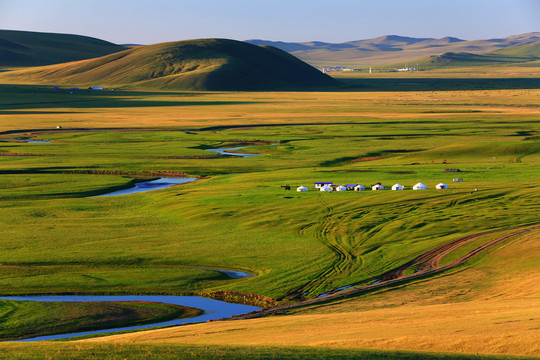 草原河流蒙古包暮色