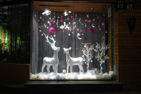 圣诞节驯鹿橱窗夜景