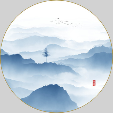 圓形水墨山水畫