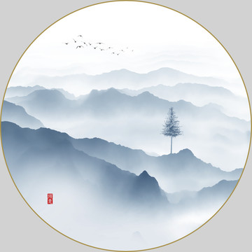 水墨圓形山水畫