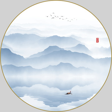 圆形水墨山水画