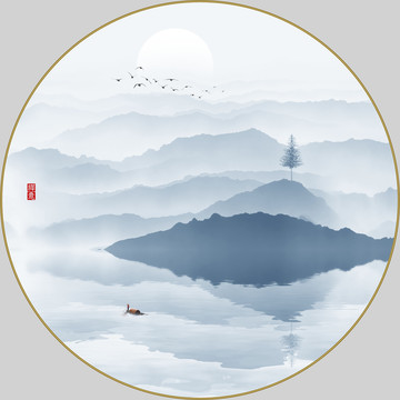 手繪圓框小品水墨山水畫