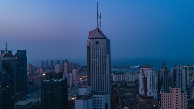 航拍凌晨城市高楼建筑