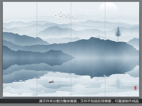 手繪現(xiàn)代新中式山水畫客廳背景墻