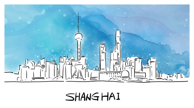 手绘风格上海地标