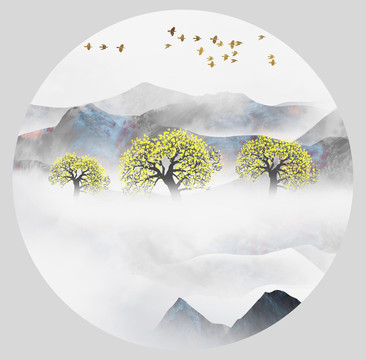 圓形中國(guó)風(fēng)意境水墨山水風(fēng)景畫(huà)