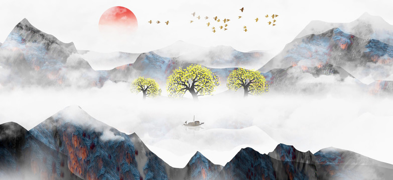 中國風(fēng)意境水墨山水風(fēng)景畫