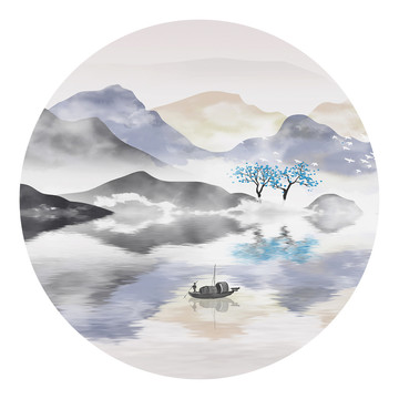 圆形中国风意境水墨山水风景画