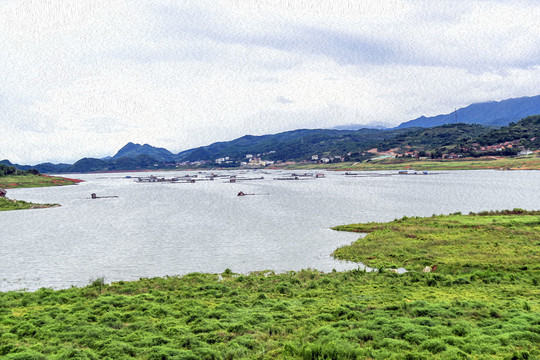 电脑油画湖光山色