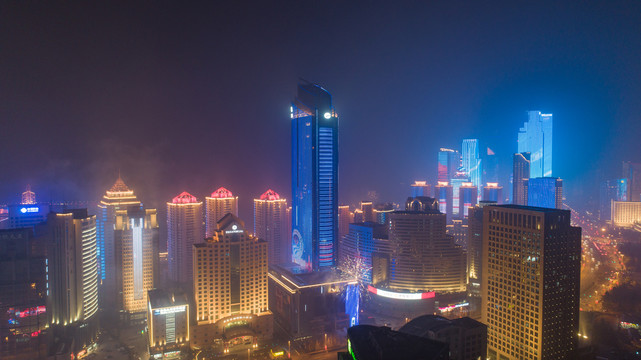 航拍青岛城市夜景