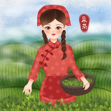 端竹筐的采茶女茶园女孩插画