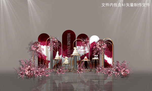 紅白色婚禮甜品區(qū)
