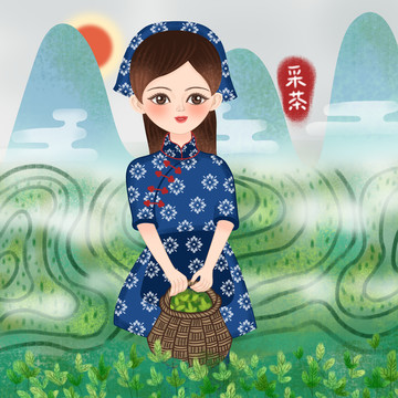 茶叶手绘插画包装采茶女农家女