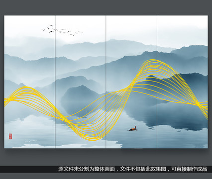 金色线条水墨山水画