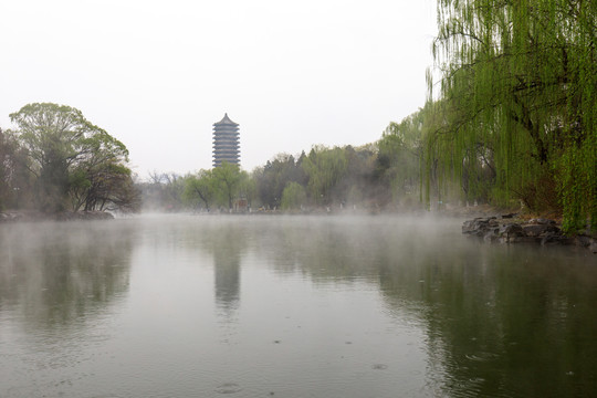 北大未名湖博雅塔慈济寺山门薄雾