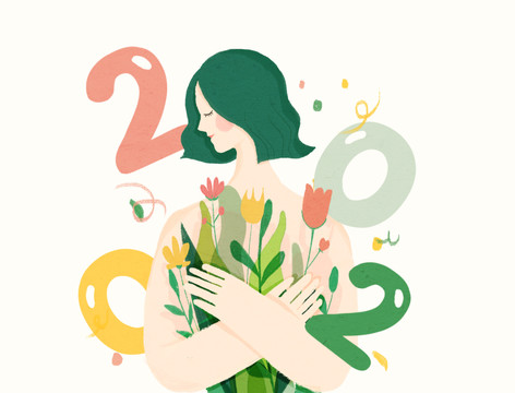 怀抱鲜花庆祝2020新年的女孩