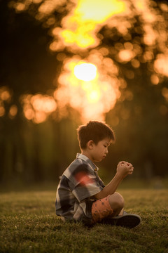 夕阳下小男孩在草地上玩耍