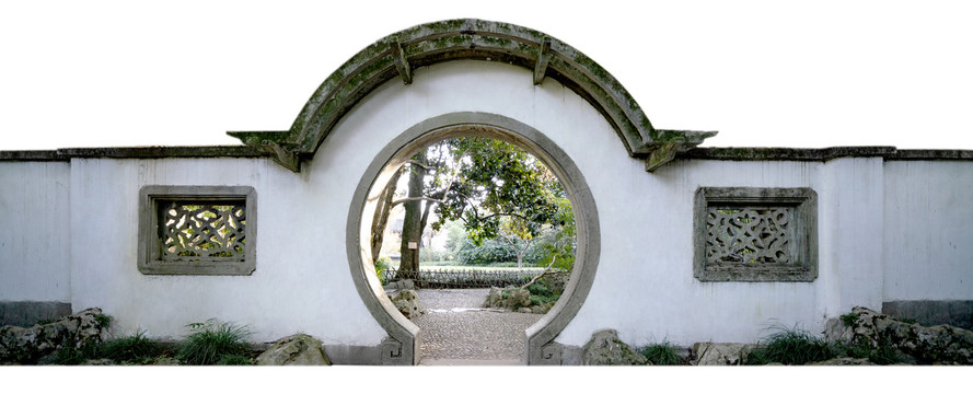 江南园林圆形拱门长白墙