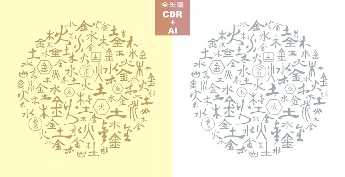 金木水火土五行文字底紋矢量