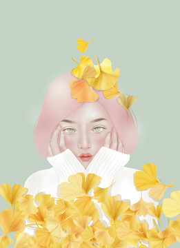 秋天銀杏葉女孩時(shí)尚插圖