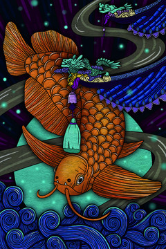 原創(chuàng)手繪金龍魚(yú)復(fù)古插畫(huà)