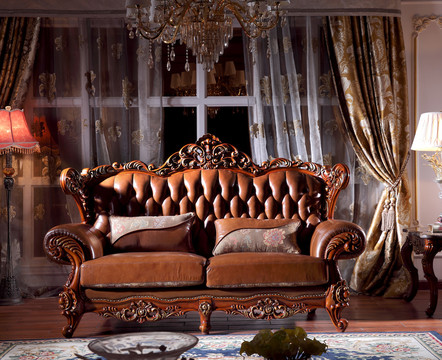 美式实木真皮双人位沙发正面家具