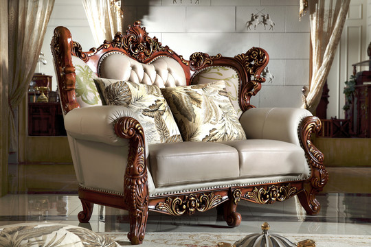 美式实木真皮双人位沙发侧面家具