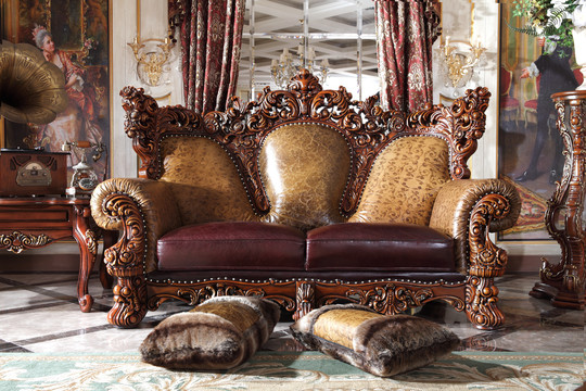 美式实木真皮双人位沙发正面家具