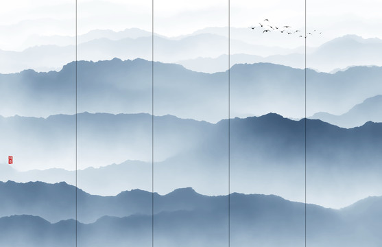 高清新中式水墨山水背景墻壁畫
