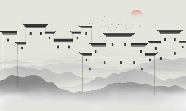 馬頭墻微派建筑山水畫水墨山水