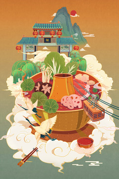 中國風(fēng)重慶火鍋插畫