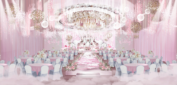 粉色大象欧式城堡婚礼手绘效果图