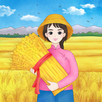 農(nóng)產(chǎn)品收割水稻秋收大米包裝插畫