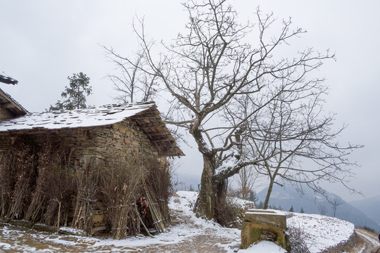 中国西部重庆巫山望天坪村庄雪景