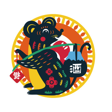 剪紙鼠酒瓶酒類鼠年包裝插畫(huà)