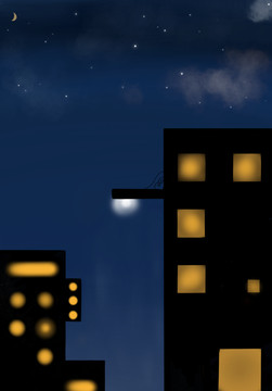 卡通畫夜空萬家燈火