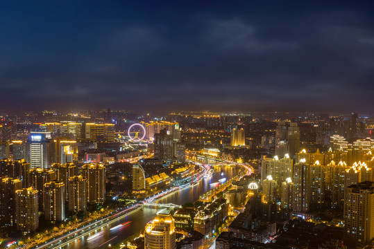 天津城市夜景海河和天津之眼