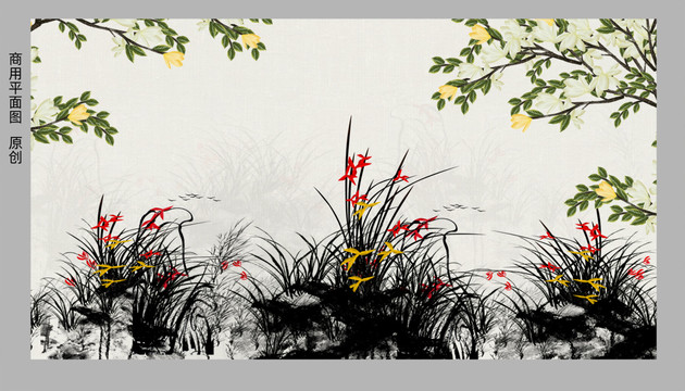 水墨蘭花背景墻
