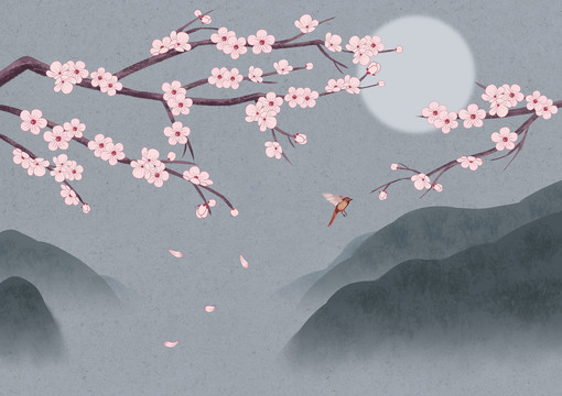 手繪新中式梅花背景墻