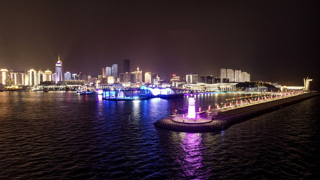 航拍青岛奥帆中心夜景