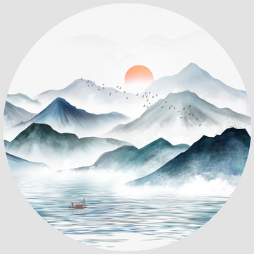 輕奢流水生財(cái)水墨山水圓框裝飾畫